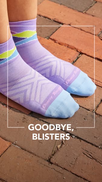 This ad promotes Darn Tough socks, highlighting their ability to prevent blisters. The ad features a close-up shot of a 