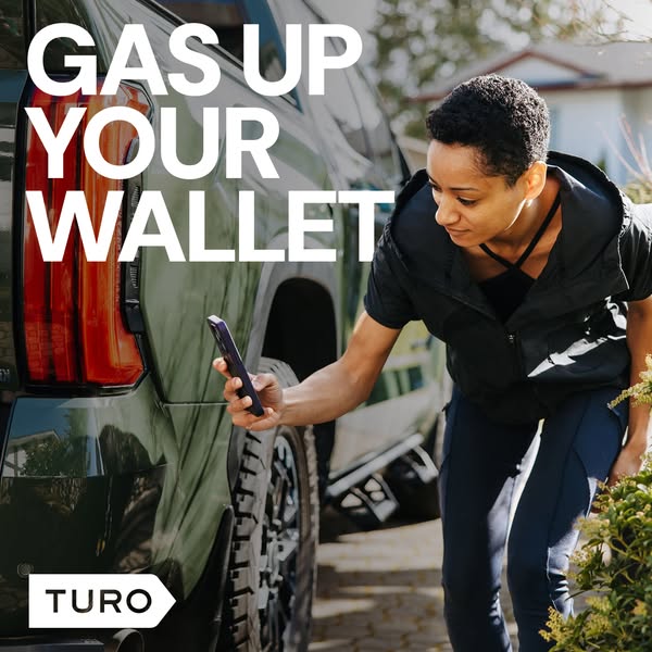 This image ad for Turo features a woman using the Turo app next to a parked car. The ad's headline, "GAS UP YOU