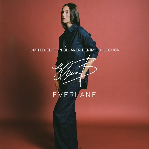 This ad showcases Everlane's limited-edition cleaner denim collection, featuring a model wearing a dark denim shirt 