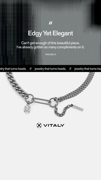 This ad showcases a Vitaly necklace through a customer quote praising its edgy yet elegant design.