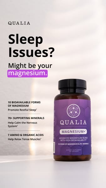 This ad highlights Qualia's Magnesium supplement as a solution for sleep issues, emphasizing its unique blend of bio