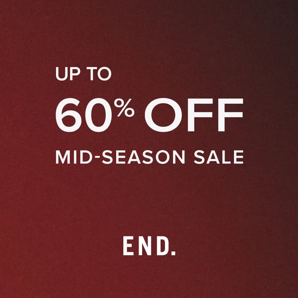 This ad features a blurred burgundy background with white text advertising a mid-season sale of up to 60% off, ending so