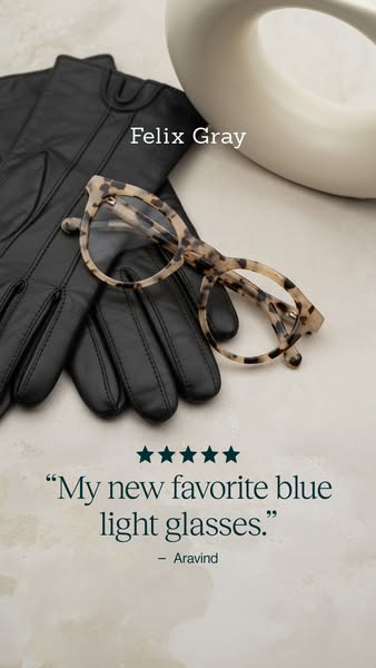 An image ad for Felix Gray blue light glasses featuring a product shot with a testimonial quote from a customer.