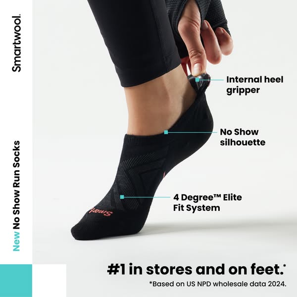 This ad highlights key features of Smartwool's No Show Run Socks, emphasizing their comfort and performance benefits