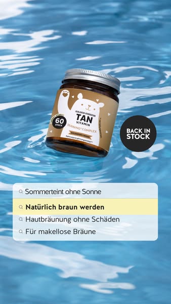 Ad for Golden Goddess Tan Vitamin featuring the product floating on a blue water background. The ad highlights how to be