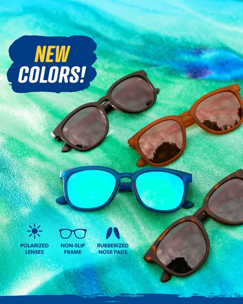The ad showcases a collection of sunglasses, highlighting features like polarized lenses, non-slip frames, and rubberize