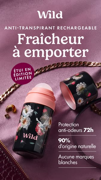 This ad features a Wild brand antiperspirant, highlighting its unique refillable case in a limited edition floral design