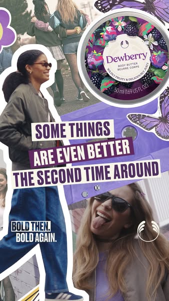 This ad features a collage of images that include women and a Dewberry body butter product, suggesting that the product 