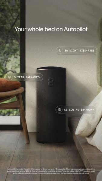 This ad for a bed climate control system uses a photo of the product next to a bed. The product is highlighted with text