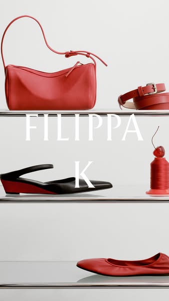 This image ad showcases a variety of products from Filippa K, including a purse, a belt, shoes and flats. The products a