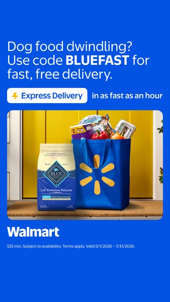 This image ad promotes Walmart's express delivery service with a focus on delivering Blue Buffalo dog food. The ad u