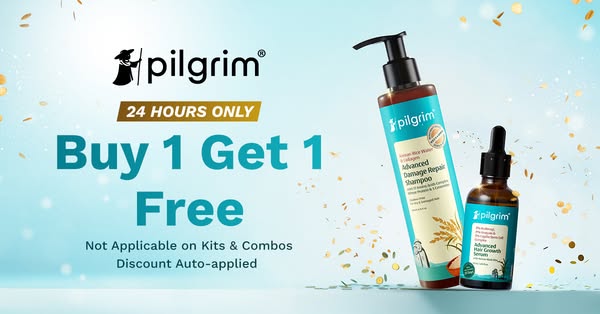 This ad for Pilgrim promotes a buy one get one free offer on its hair care products. It features the Advanced Damage Rep