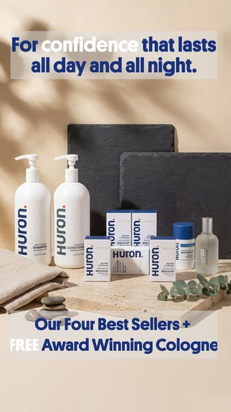 This ad features a variety of Huron brand products including shampoo, conditioner, bar soap, and cologne. The ad highlig