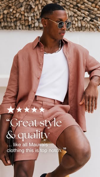 This ad features a picture of a male model wearing linen clothing from Mauvais. There are five stars at the top of the t