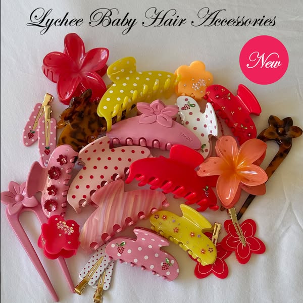 This is an image ad showcasing a variety of colorful hair accessories from the brand Lychee Baby Hair Accessories.