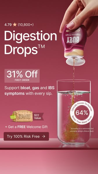 This image ad showcases Buoy Digestion Drops as a solution for bloat, gas, and IBS symptoms. The ad includes a first-ord