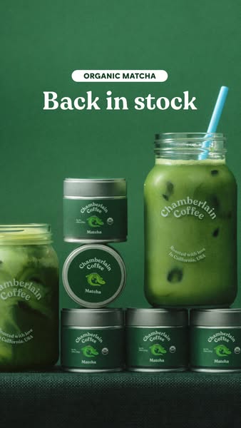 This ad features several Chamberlain Coffee matcha products. The ad announces that the organic matcha is back in stock.