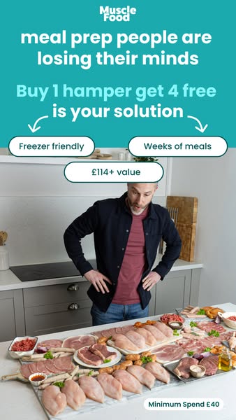 This image ad for Muscle Food highlights the benefits of meal prepping by offering a promotion where customers can buy o
