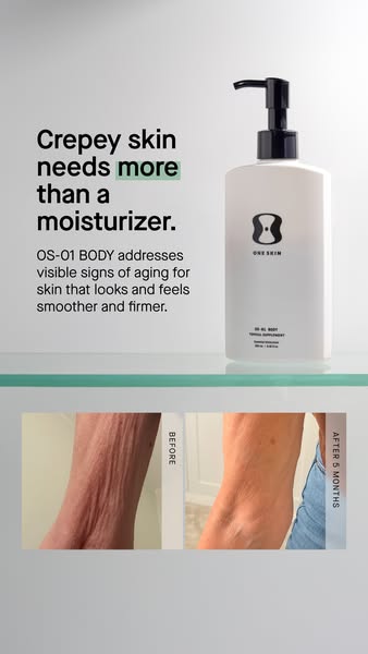 The ad features a bottle of OS-01 BODY topical supplement, a skincare product designed to address visible signs of aging