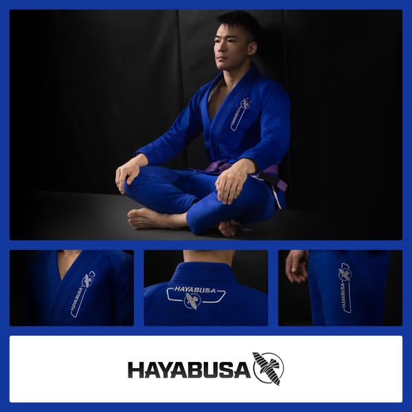 This ad features a man wearing a blue Hayabusa Jiu Jitsu uniform. The ad then shows three close-up images of the uniform