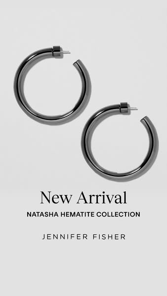 This ad showcases a new arrival from Jennifer Fisher's Natasha Hematite Collection, highlighting a pair of metal hoo