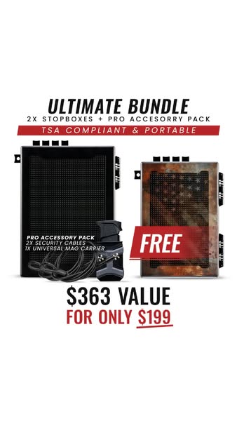 This ad promotes an ultimate bundle that includes two Stopboxes and a Pro Accessory Pack. The bundle is TSA compliant an