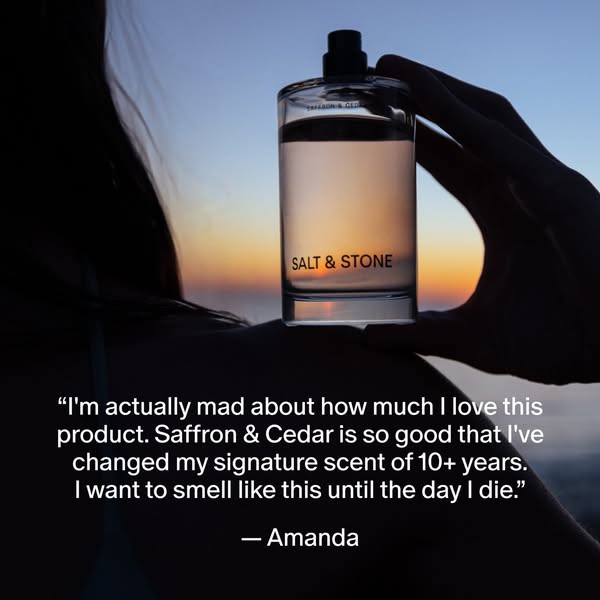 This ad utilizes a customer quote that expresses the reviewer's love for the Salt & Stone scent. The testimonial