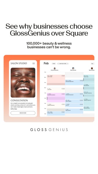 This ad for GlossGenius makes a direct comparison with Square, emphasizing that 100,000+ beauty and wellness businesses 