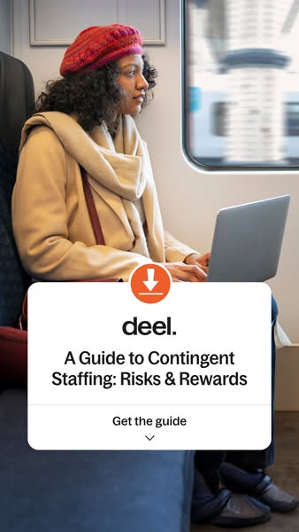 This ad promotes a guide to contingent staffing from Deel. The ad features a woman on a train using a laptop, with a cal