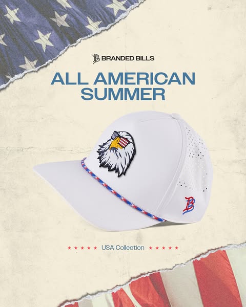 This ad for Branded Bills hats showcases a white hat with an American eagle design as part of the USA Collection, set ag