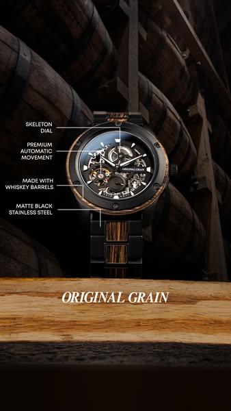 This ad highlights the various features of the Original Grain watch, including the automatic movement, skeleton dial, us