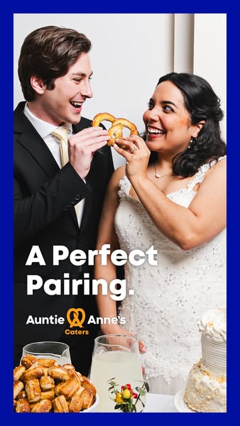 This ad features an image of a bride and groom on their wedding day about to eat an Auntie Anne's pretzel. The tagli