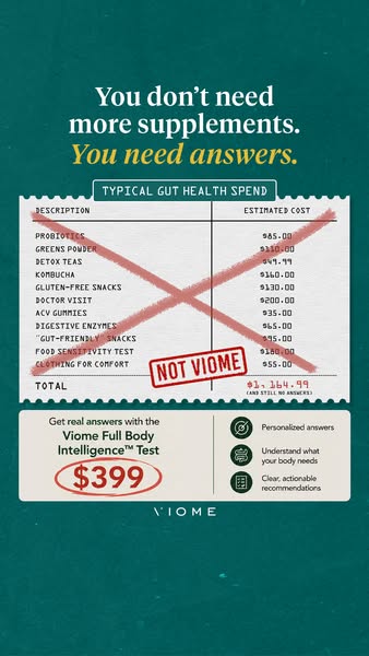 This ad promotes Viome Full Body Intelligence™ Test by highlighting the high cost of typical gut health maintenance comp