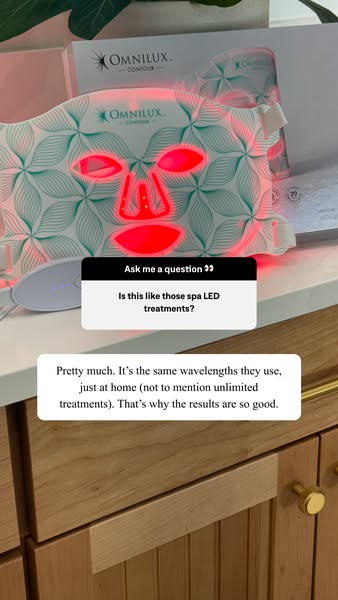 This ad features a question sticker asking if the Omnilux Contour LED mask is like spa LED treatments. The answer is tha