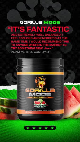 This ad for Gorilla Mode pre-workout formula highlights the product's benefits through a customer testimonial while 