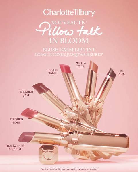 This ad promotes Charlotte Tilbury's Pillow Talk In Bloom blush balm lip tint. The ad features multiple tubes of the