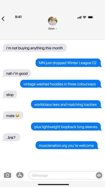 A simulated SMS conversation showing a friend informing another friend about the MN Winter League 02 drop.