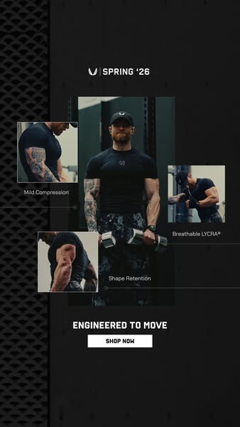 The ad features a man working out in activewear. The activewear has shape retention, mild compression and breathable LYC