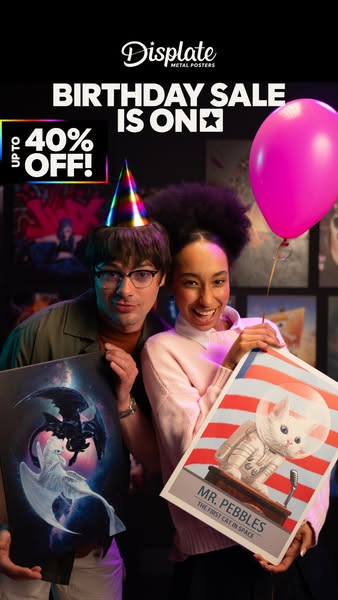 This ad showcases a birthday sale from Displate, featuring two individuals holding up metal posters. The ad highlights a