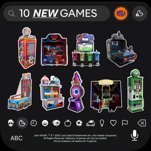 This ad showcases a collection of new games available at Dave & Buster's, presented in a simulated phone interfa