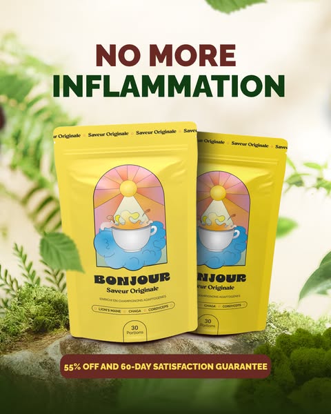 Ad for Bonjour mushroom adaptogen drink mix. The ad focuses on the benefit of reducing inflammation. The ad shows two pr