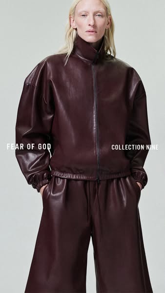 This ad features a single image showcasing the Fear of God Collection Nine burgundy leather jacket and pants set, presen