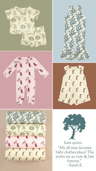 This ad showcases several Kate Quinn baby clothes with different patterns and colors, accompanied by a customer testimon