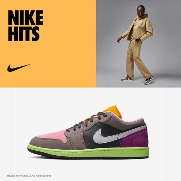 This ad for Nike features the Air Jordan 1 Low sneaker, set against a split backdrop of yellow and gray. On the right, a