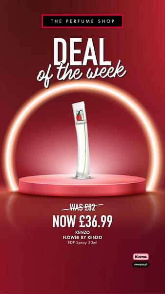 This is a vertical image ad for The Perfume Shop promoting a deal of the week on Kenzo Flower by Kenzo EDP Spray 50ml.