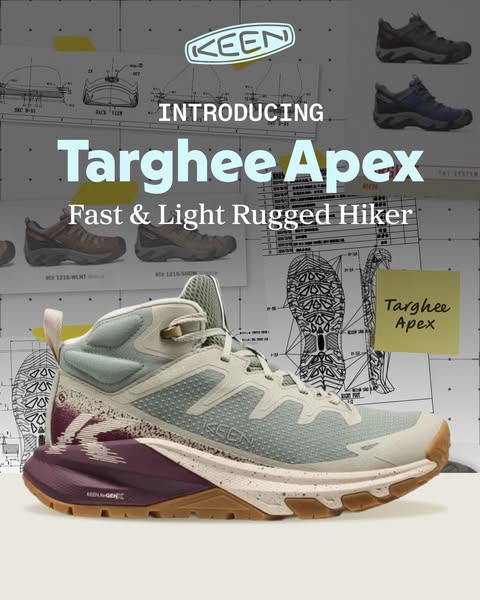 This ad showcases the new Keen Targhee Apex hiking shoe. The ad features the shoe with technical looking blueprint graph