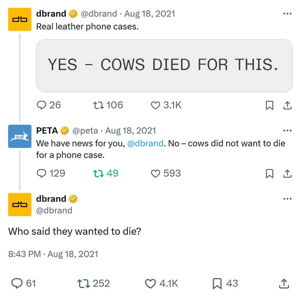 The ad showcases a Twitter thread featuring a post from DBrand about their real leather phone cases with the tagline 