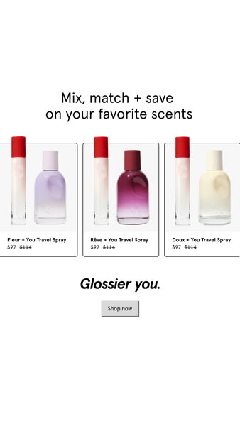 The ad promotes Glossier You travel spray with an offer to mix and match to save on your favorite scents. Three differen