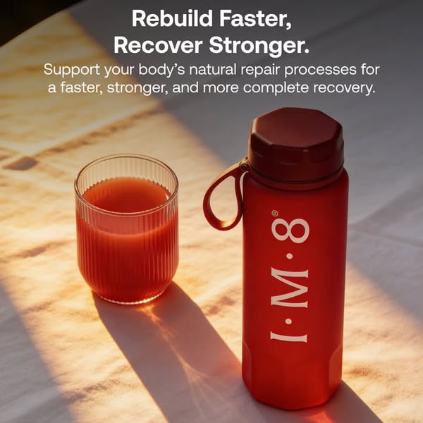 The ad showcases a red bottle and matching glass of I·M·8 drink, with the headline emphasizing faster rebuilding and str
