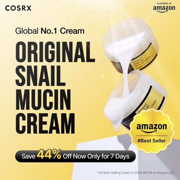 An ad for COSRX's Original Snail Mucin Cream available at Amazon. The ad promotes the cream as the Global No.1 Cream